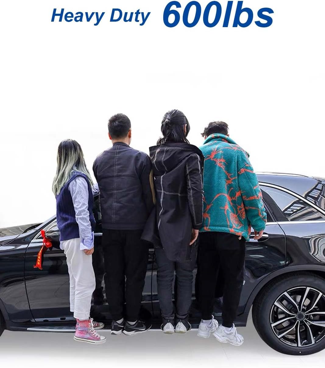 Demonstration of the SNIXWOO Running Board's 600 lbs weight capacity with multiple individuals standing on it.