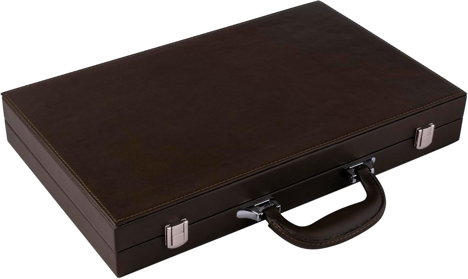Engelhart-250563 – Backgammon 18 Inch (46.7 cm) Luxury Olive & Cream Leather Case – Inlaid Interior – Open 57.6 × 46.7 cm – Black/White Pieces – Dice & Cups – Deluxe Board Game image 3