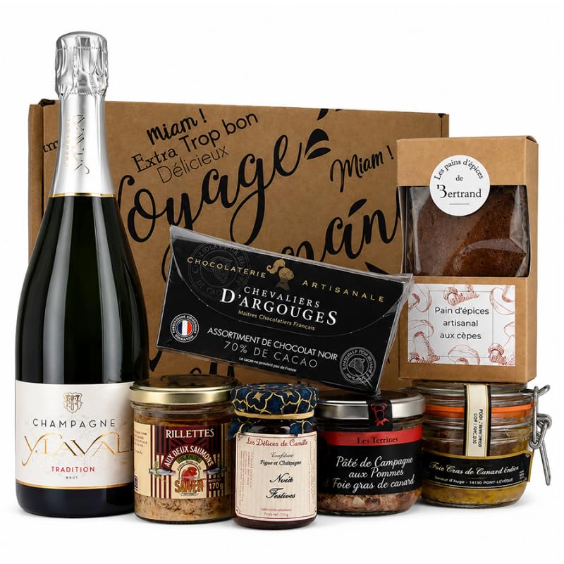 Panier garni de Noël - Coffret cadeau gourmand - Comprend 7 produits dont un Champagne idéal à offrir - Produits Normandie