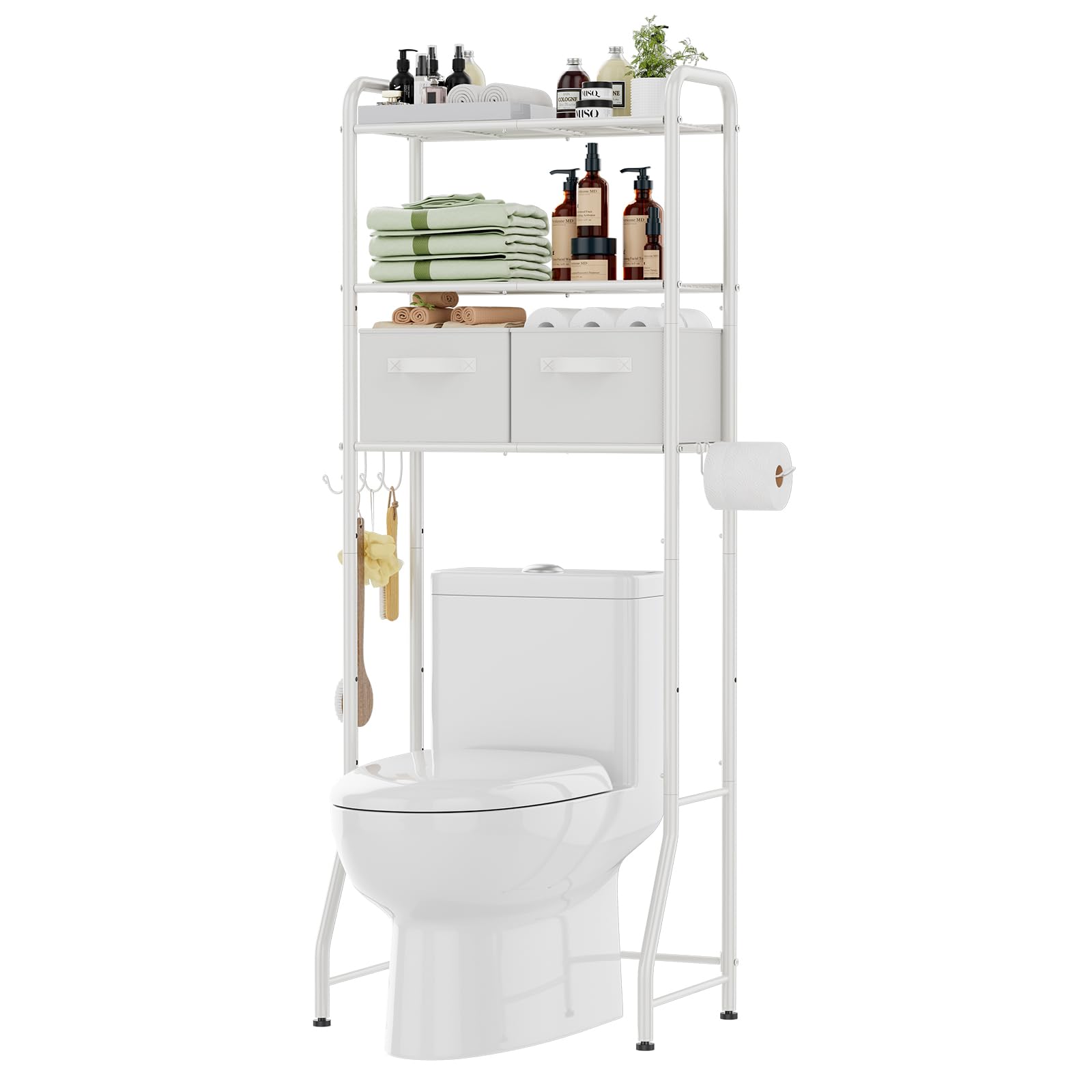 Simple Trending Over The Toilet Storage Rack with Drawers, Metal 3 Tier Bathroom Organizer Shelf with Paper Holder and 3 Hooks, White