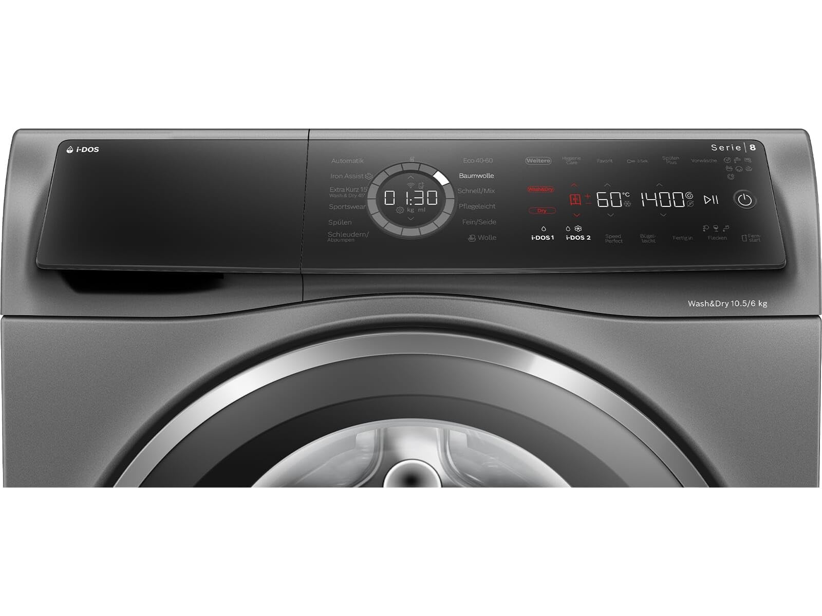 Bosch WNC254AS0 Série 8 Lave-linge séchant intelligent, lavage 10,5 kg et séchage 6 kg, 1400 tr/min, dosage intelligent i-Dos, élimine 16 types de taches, IronAssist avec fonction vapeur, AutoDry