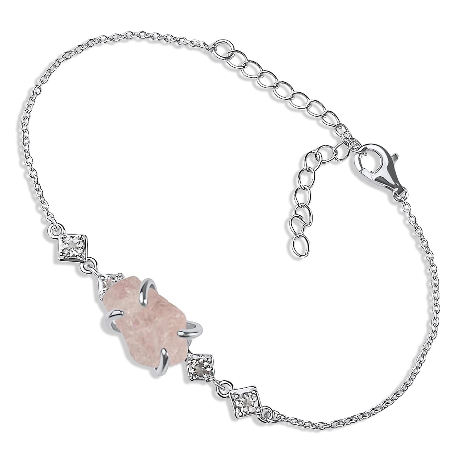 Raw morganite Chain Bracelet Birthstone Gift for Her on Valentine Birthday Christmas Anniversary Mothers day solid sterling silver real gold plated Uniquelan Jewelry (Morganite, white-gold)