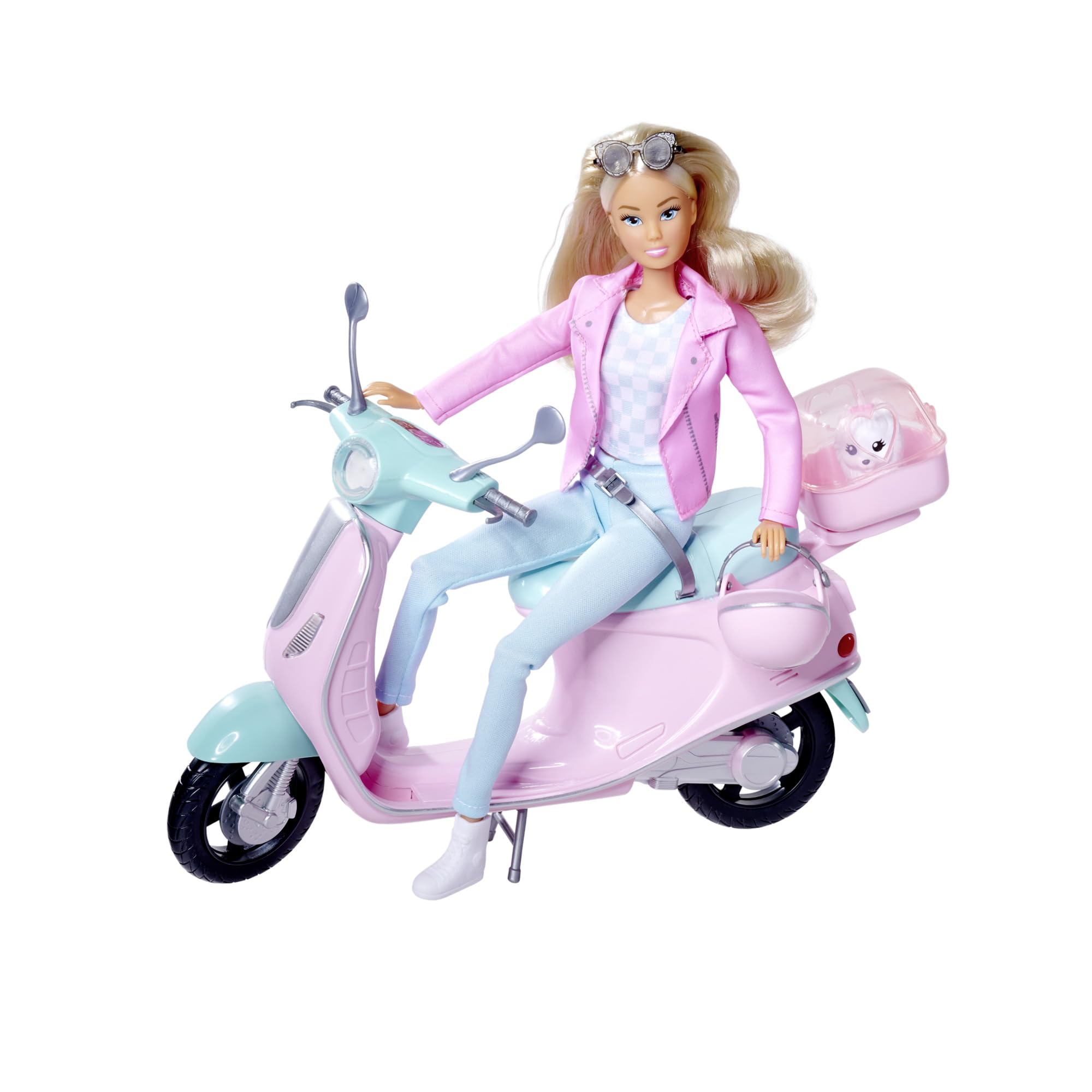 Steffi Love Scooter, Spielpuppe mit ihrem schicken City Scooter, Hund und Hundekäfig, 27cm, ab 3 Jahren