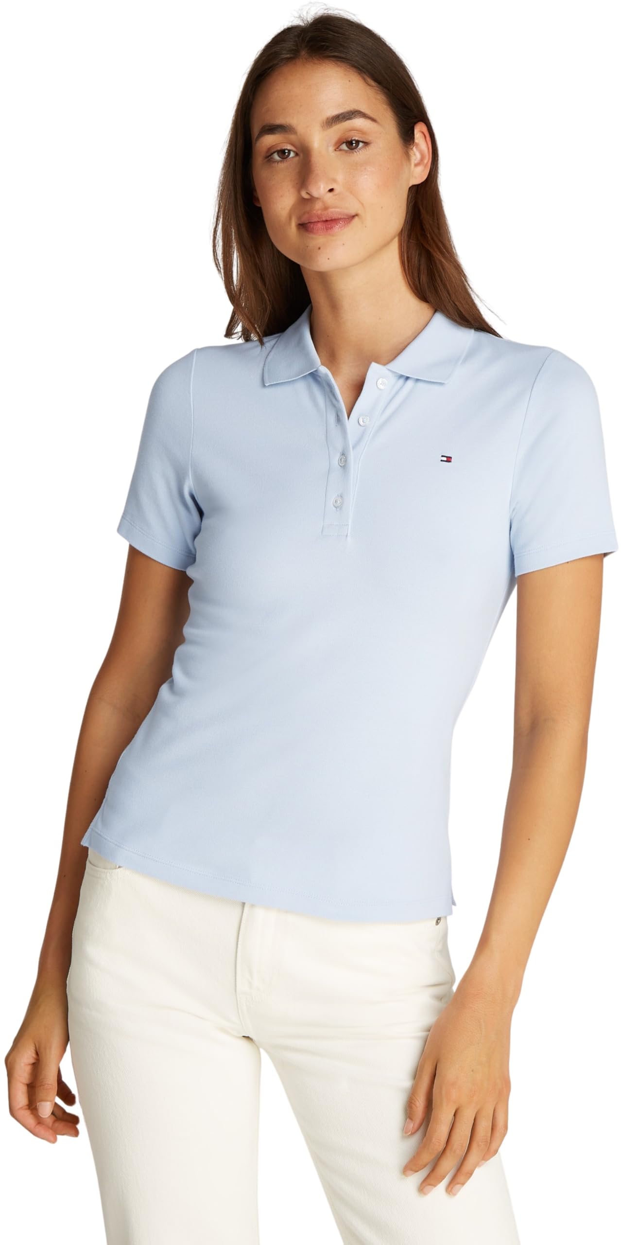 Tommy Hilfiger Damen Poloshirt Kurzarm 1985 Pique Slim Fit, Blau (Breezy Blue), XL