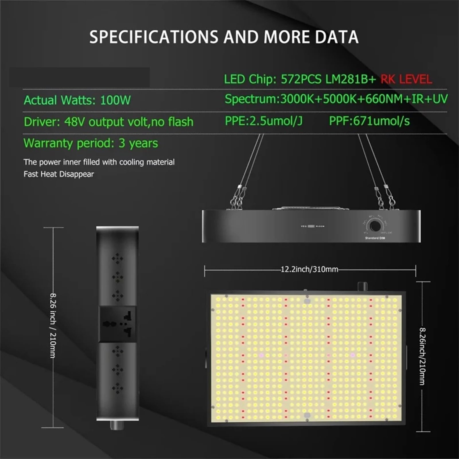 200W LED Roślinna lampa wzrostu, Pełne spektrum Solar Wbudowany wentylator chłodzący, Nadaje się do stosowania wewnątrz,Oszczędność Energii