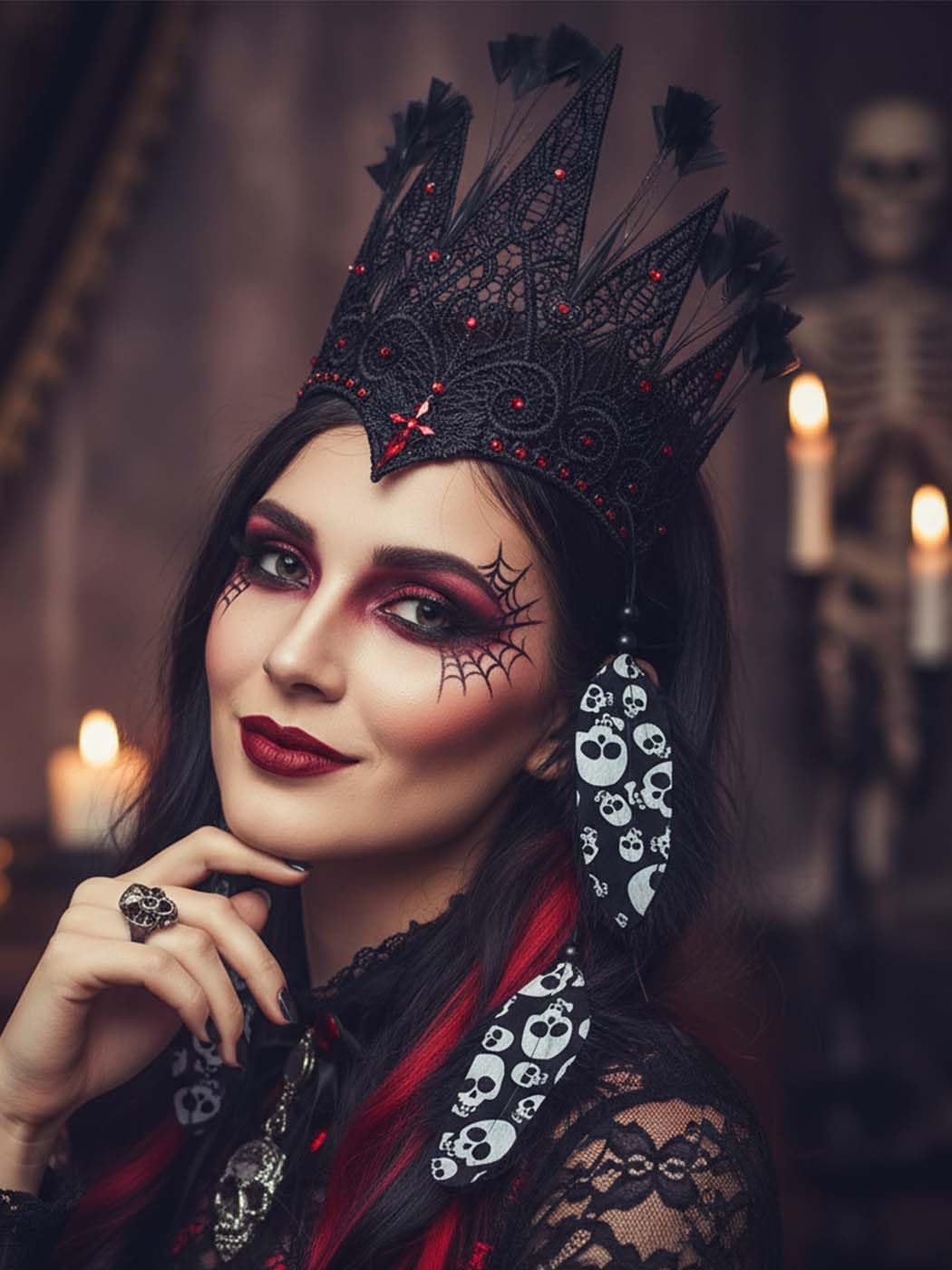 Urieo Gothic Lace Crown Headpiece with Skull Print Feathers, Black and Red Crystal Headband, Halloween Costume Accessory - Image 5