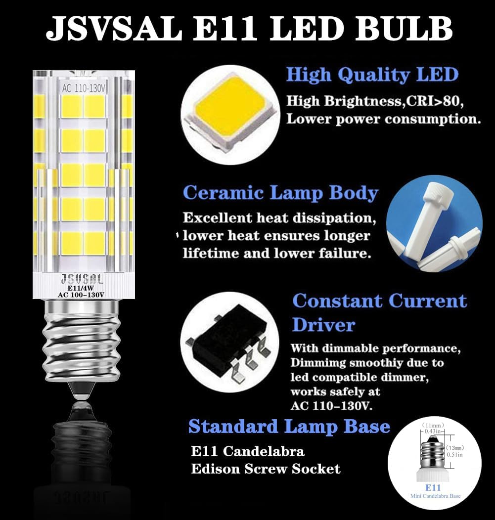 E11 LED Bulb,Not Dimmable, JDE11 120V 40W/50W Halogen Candelabra Bulb Equivalent,T3 T4 Mini Candelabra Base,3000K Warm White for Chandeliers,Ceiling Fan, Table Lamps,Cabinet Lighting,4 Pack