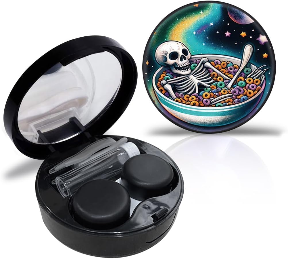 Contact Case Personalized Contact Box Travel Kit Portable Customized Contact Case with Mirror Tweezers Remover Tool Solution Bottle, Small, Black (Watercolor skull)