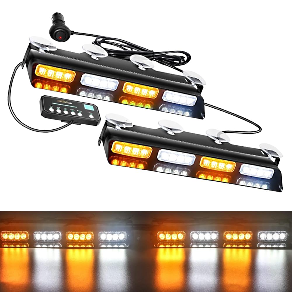 Riloer 1 par de luces estroboscópicas de emergencia de 12 V, luz estroboscópica de emergencia con ventosa, chip LED+ABS color blanco y amarillo
