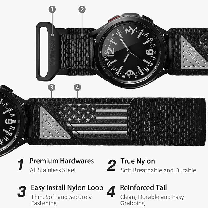 Compatible with Samsung Galaxy Watch 7 6 5 4 FE 40mm 44mm/6 Classic 43mm 47mm/5 Pro 45mm/4 Classic 42mm 46mm, 20mm Nylon Adjustable Sports Strap for Men Women (BLACK USA FLAG, L) - Image 6