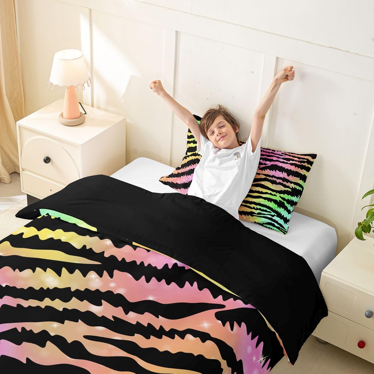Erosebridal Rainbow Zebra Stripes Duvet Cover Toddler Size Neon Gradient Animal Print Comforter Cover Kids Girls Glitter Rainbow Zebra Striped Bed Set Y2K Colorful Pastel Art Bedding Set