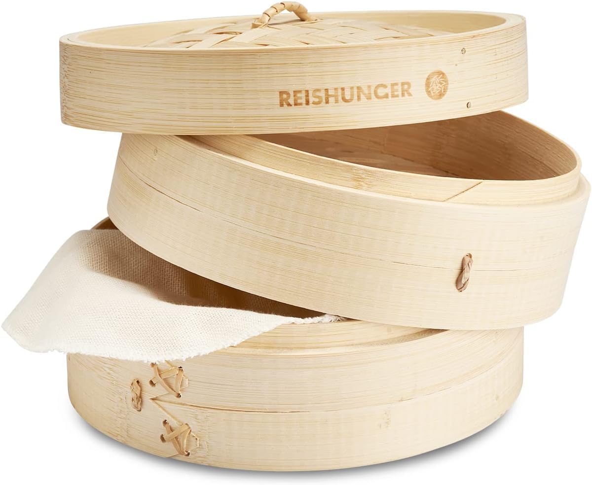 Vaporera de bambú REISHUNGER Ø 25 cm 2 Pisos para arroz, dim sum, verduras, pescado y carne