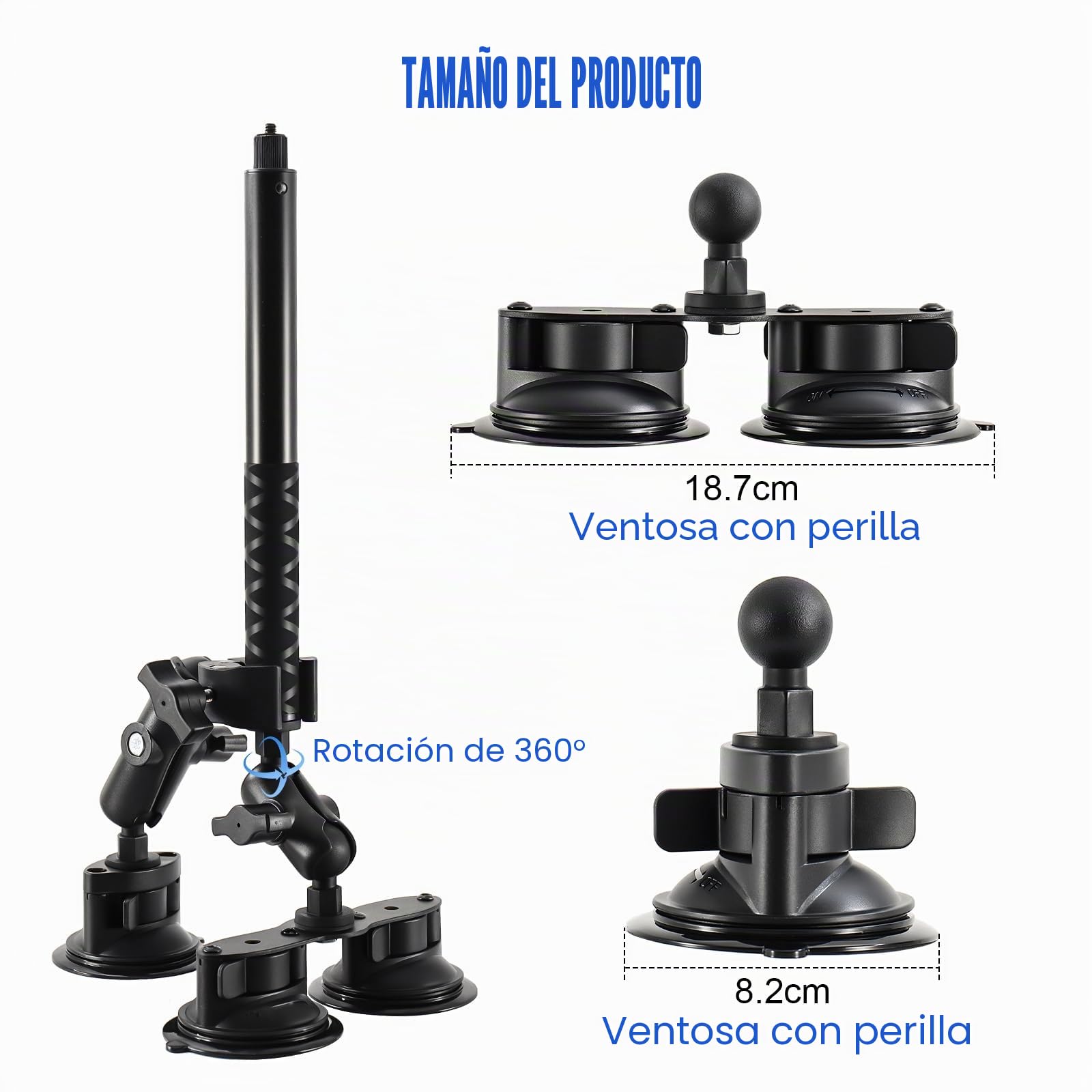 Juego de Soporte para Coche con Triple Ventosa, Soporte de Triple Ventosa y Abrazadera con Palo Selfie 120 cm, Soporte Coche Tercera Persona para Insta360 Gopro Cámara de Acción