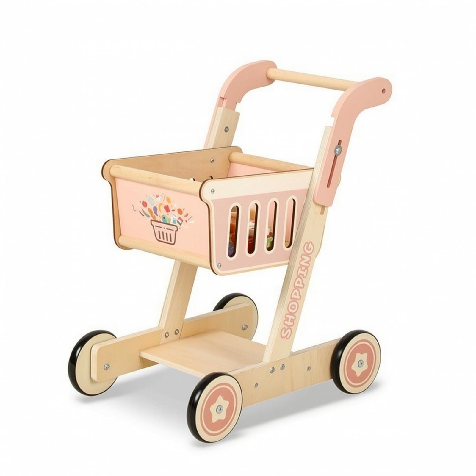Sharplace Kinder Einkaufswagen Holz Spielwagen Kinder Einkaufs Spielzeug mit Justierbarer Griffhöhe 495cm Bis 57cm Rechteckiger Aufbewahrungskorb Und Unterer