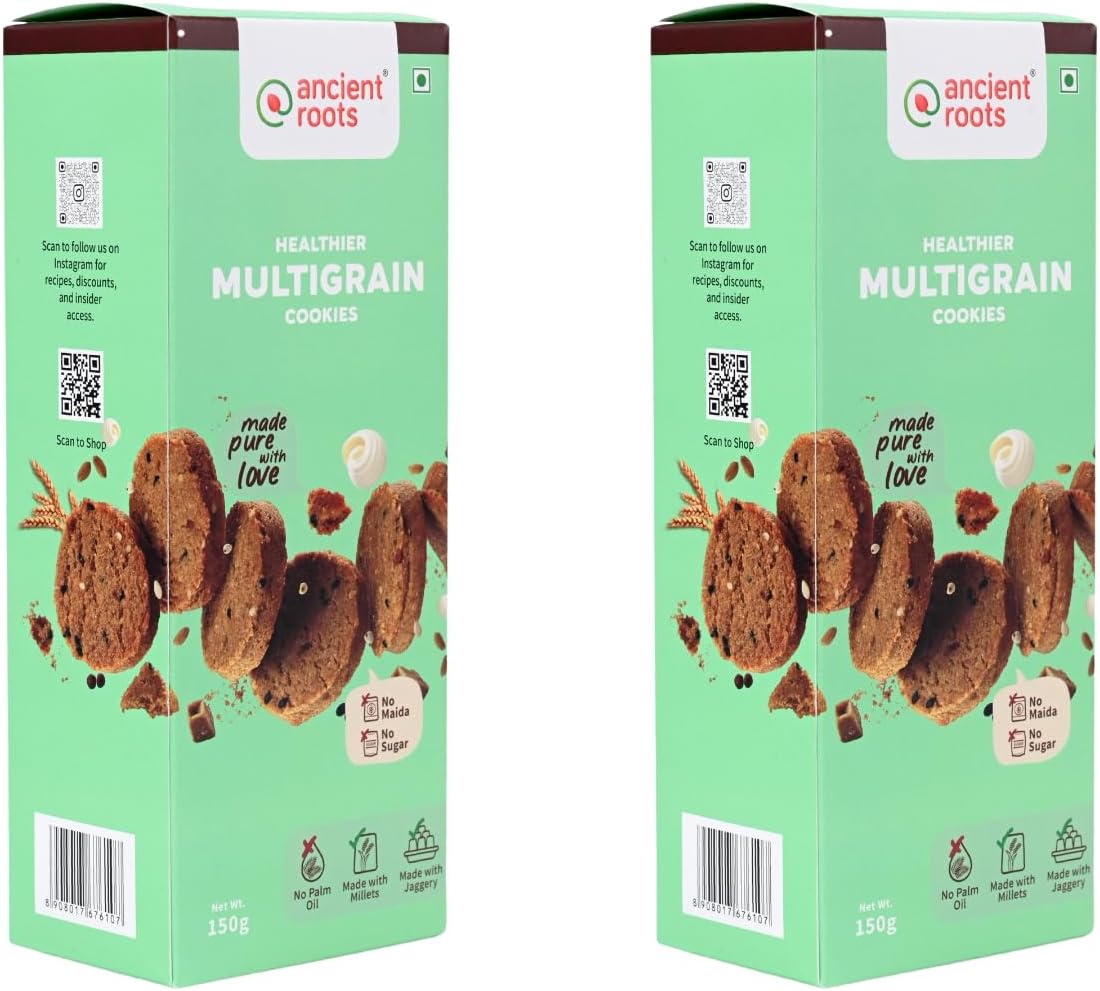 Ancient Roots Multigrain Cookies | Biscuits for Tea, Coffee, Breakfast, Kids – 300 gm (150gm x 2) | Made with Millet Flours, White Butter and Jaggery | No Maida and No Refined Sugar (Pack of 2)