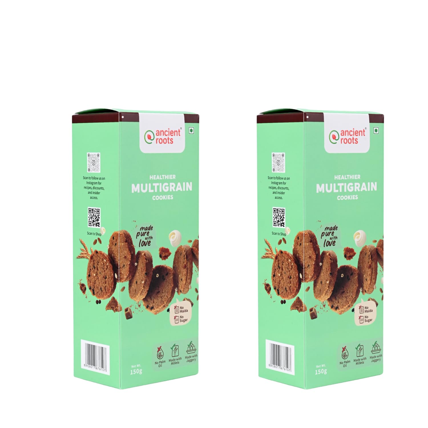 Ancient Roots Multigrain Cookies | Biscuits for Tea, Coffee, Breakfast, Kids – 300 gm (150gm x 2) | Made with Millet Flours, White Butter and Jaggery | No Maida and No Refined Sugar (Pack of 2)