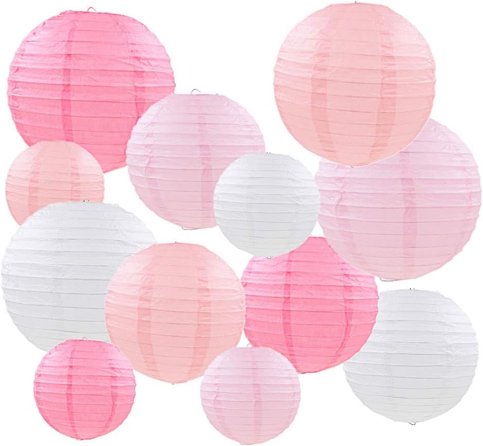 Mondeer Paper Lanterns, 12 PCS Pink Chinese Round Lantern Balloon Hanging Decorations with Assorted Sizes for Wedding Birthday Baby Shower Party Home Decor- 6" 8" 10"