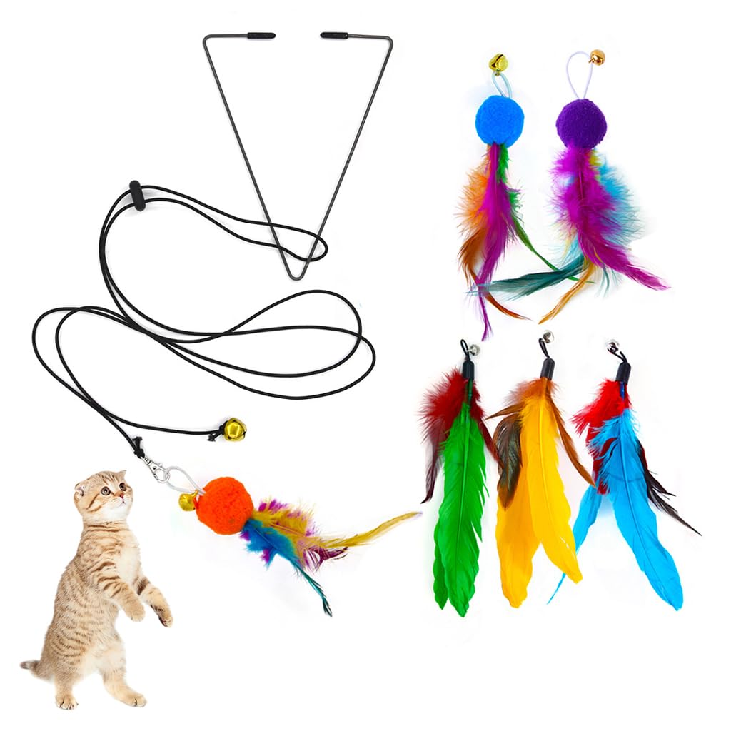 Qpets® Cat Feather Toy, 7 Pcs Elastic Cat Toy Set with Hanging Rope and 6 Feathers Pendents, Door Hanging Cat Toy Feather Toy with Bell, Colored Feather Toy for Cat for Kitten to Play Chase Activity (B0CSG2TBFG) Amazon Price History, Amazon Price Tracker