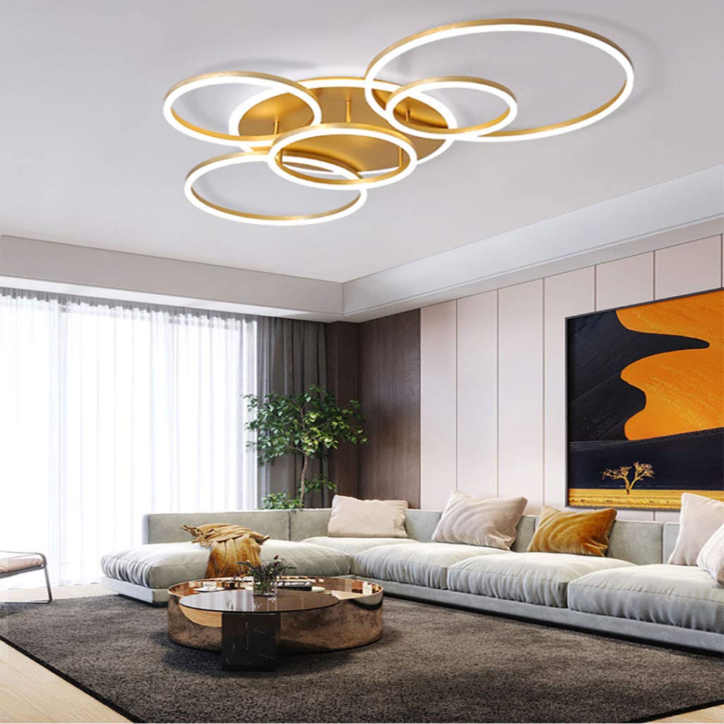 Lampa sufitowa LED, nowoczesna lampa wisząca, kreatywny żyrandol z pilotem zdalnego sterowania, ściemniana, okrągła, 6 kół, 86 W, aluminium, akryl, do sypialni, złota