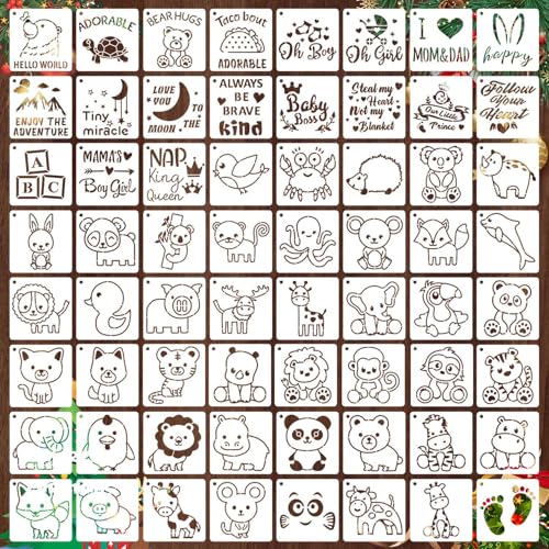 64 Pieces Small Onesie Stencils for Baby Shower, 3 Inch Reusable Baby Bib Stencil for Painting, Cute Animal Clothes T Shirts Template Kit for Fabric Canvas Craft DIY Home Decor(Baby Show)