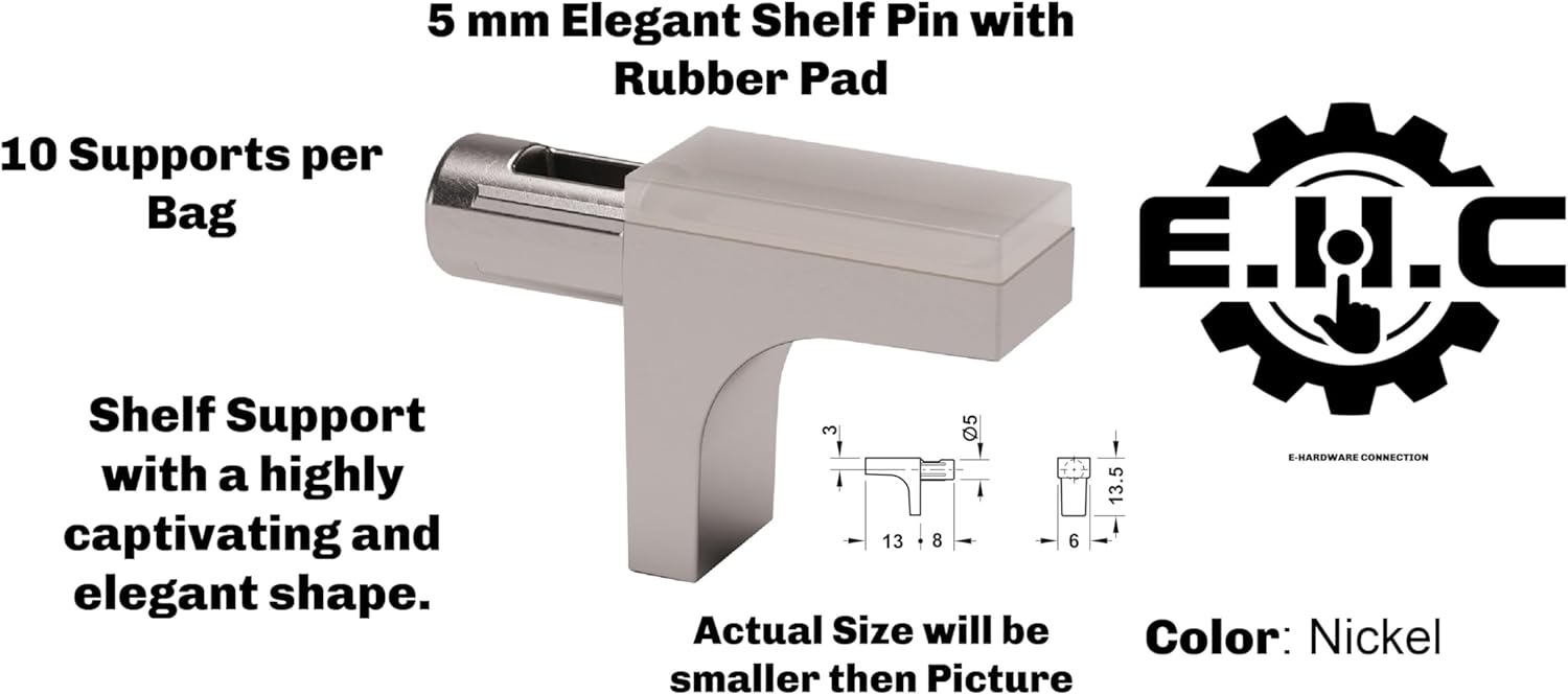 5mm K-Line Shelf Support Pins for Both Wood and Glass Shelf/Choose Your Shelf Style/Rubber Padded /5mm Retaining Pin/Flat Wide Surface/ 10 Supports per Bag/by E.H.C. (Nickle, Rubber Padded)