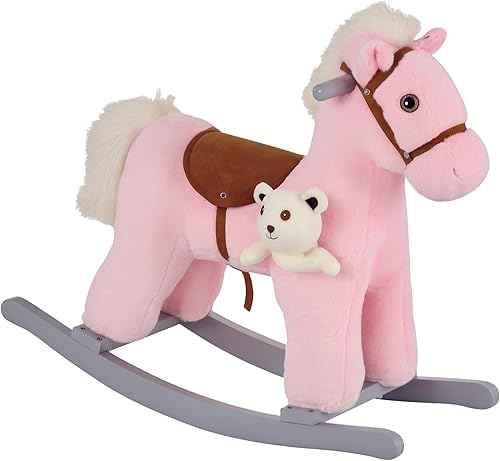 Qaba Caballo mecedor de peluche para niños con juguete de oso, silla para niños con juguete de felpa suave y divertidos sonidos realistas, rosa