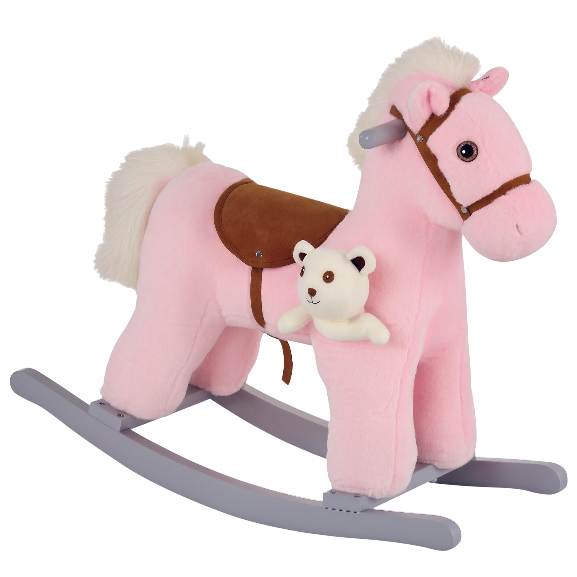 HOMCOM Caballito Balancín con Felpa con Osito de Peluche para Niños 18-36 Meses Caballo Mecedora Sonidos de Relincho y Galope Base de Madera Asiento 35 cm Carga 30 kg 65x26x55 cm Rosa