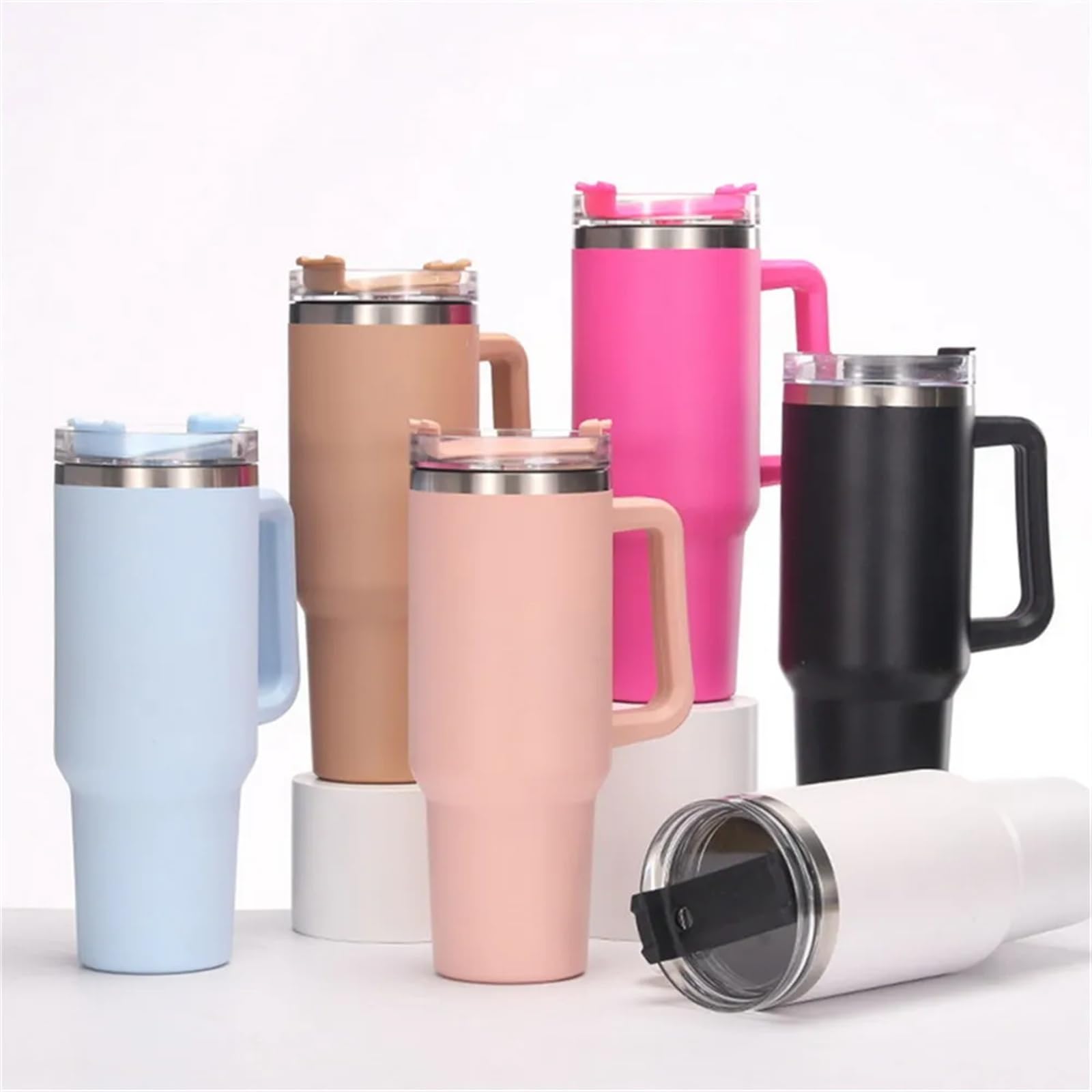 Taza pajita para coche,Taza con pajita y asa Vaso de 40 onzas con asa, taza aislada con tapas de paja, taza de acero inoxidable, frascos de vacío for coche, botella (Size : 40oz (1200ml), Color : Bl