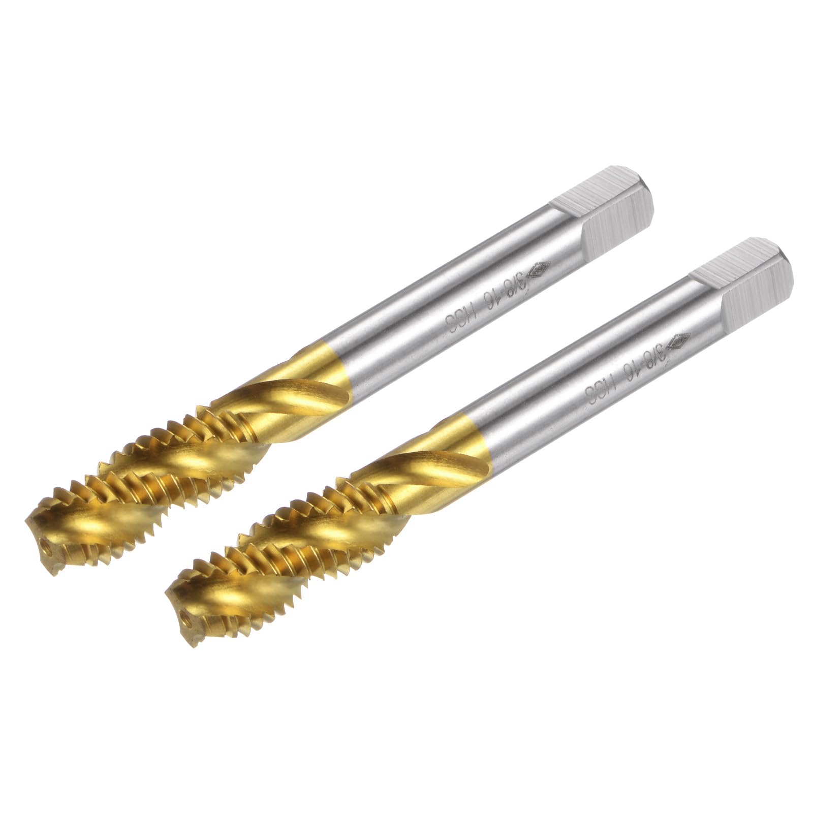 uxcell 2pcs Spiral Flute Thread Taps, 3/8-16 UNC H2 Screw Threading Tap, Titanium Coated 6542 High Speed Steel Machine Tapping Tools for Machinist