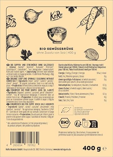 KoRo - Bio Gemüsebrühe ohne Salz 400 g - Würzig - Pulver zur Herstellung von Brühe und Suppen - Ohne Zusatzstoffe und Zuckerzusatz*
