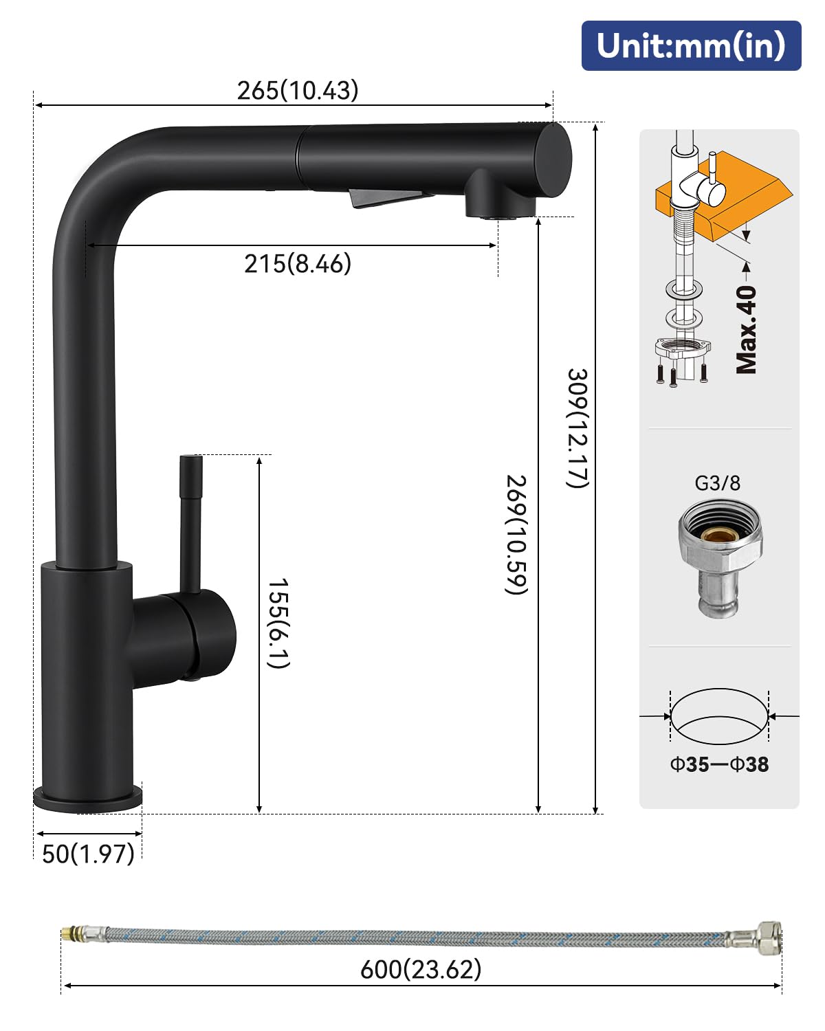 Wasserhahn Küche Schwarz, Hochdruck Küchenarmatur Ausziehbar | Mit Brause Zwei Wasserstrahlarten, 360° Drehung, Heißes und kaltes Wasser, Edelstahl, Einhebel-Spültischarmatur