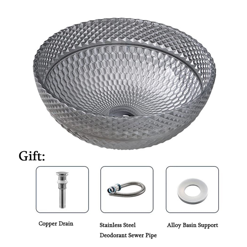 Lavabo de Recipiente Lavabo de baño de Vidrio Templado Lavabo de baño sobre encimera Lavabo de baño Forma de tazón Lavabo de tocador de baño Tapas con combinación de Drenaje, Gris, Solo Lavabo