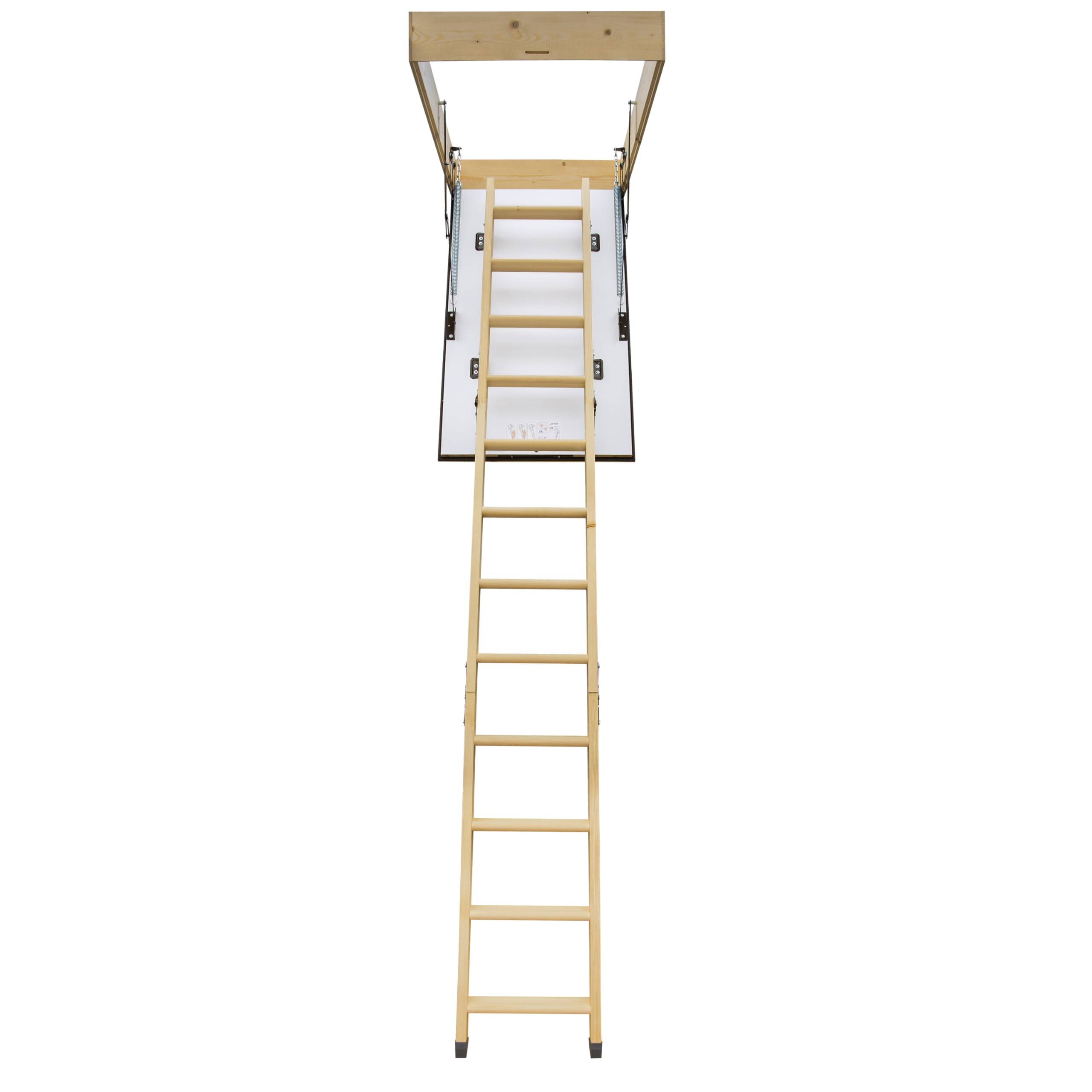 Bodentreppe Gedämmt 110 x 60 cm - Dachbodentreppe aus Fichtenholz U-Wert 1,05 - Raumspartreppe Innen mit Beidseitig Weißer Klappe - Bodenluke mit Treppe bis zu 150 kg Traglast