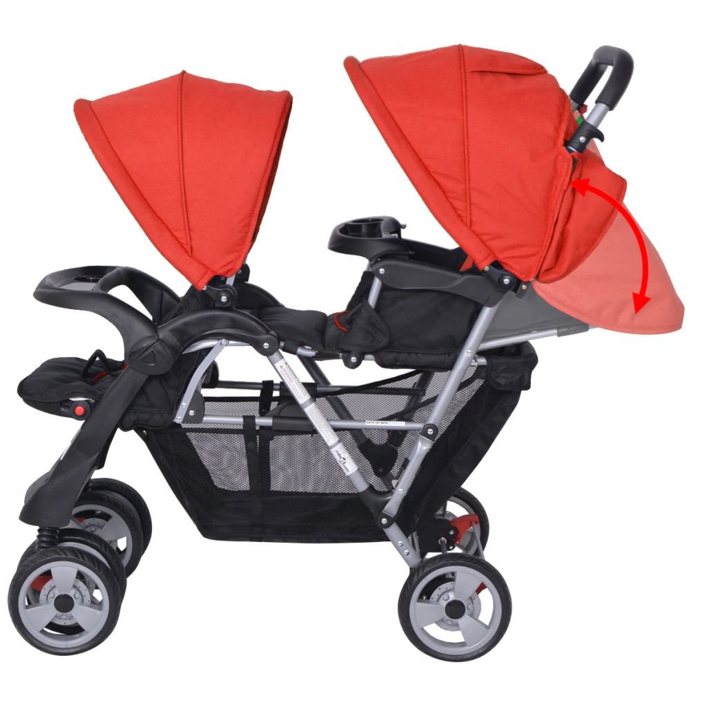 Plegable Silla gemelar para Gemelos y Hermanos Carrito Gemelar Silla de Paseo Cochecito de Bebé Capacidad de Peso 15kg Cada Acero y Tela Oxford Rojo y Negro 118x41x108cm