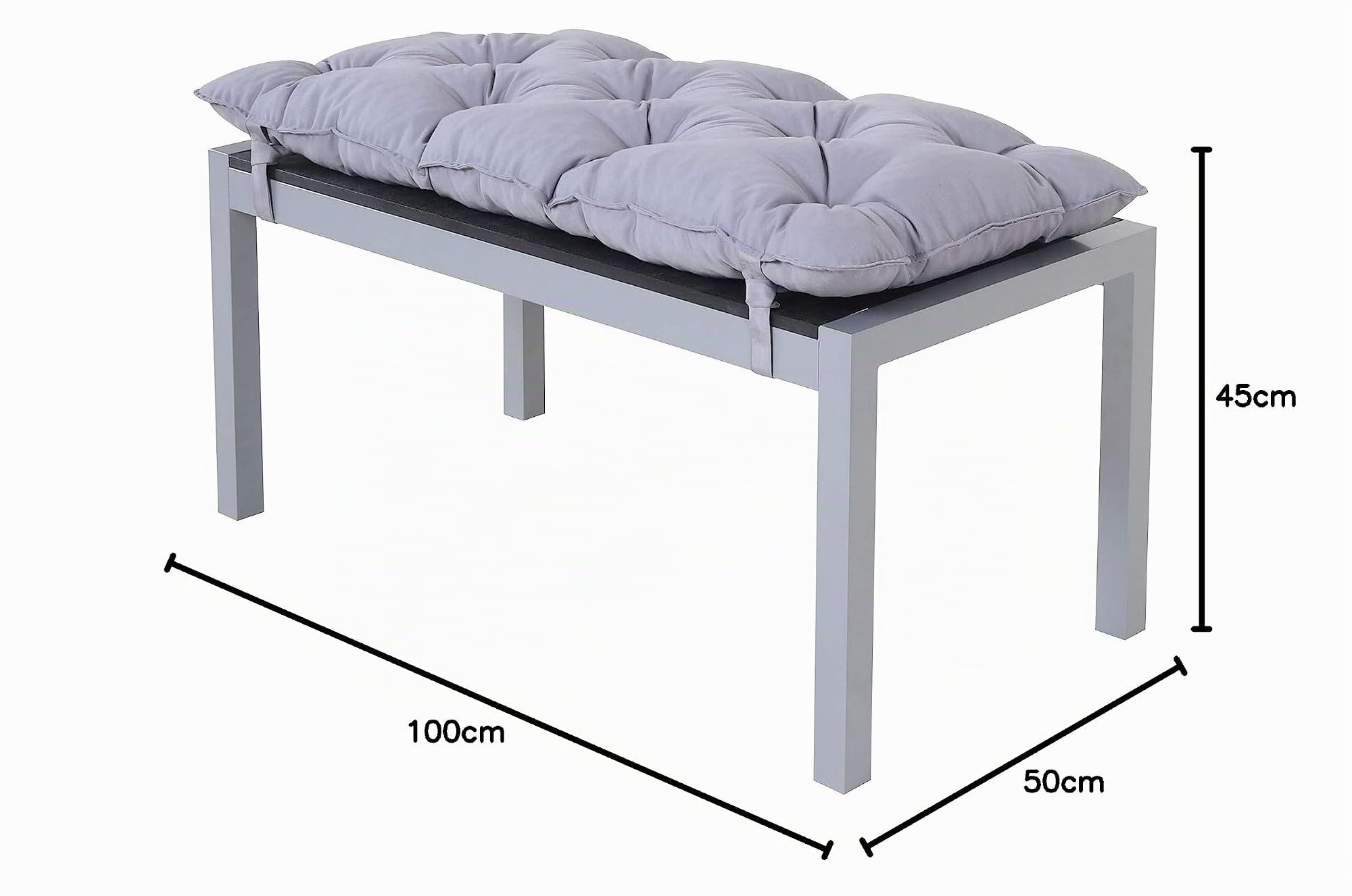 Chicreat Panchina in alluminio con superficie in polywood, con Cuscino, 100 x 50 x 45 cm, Argento e nero