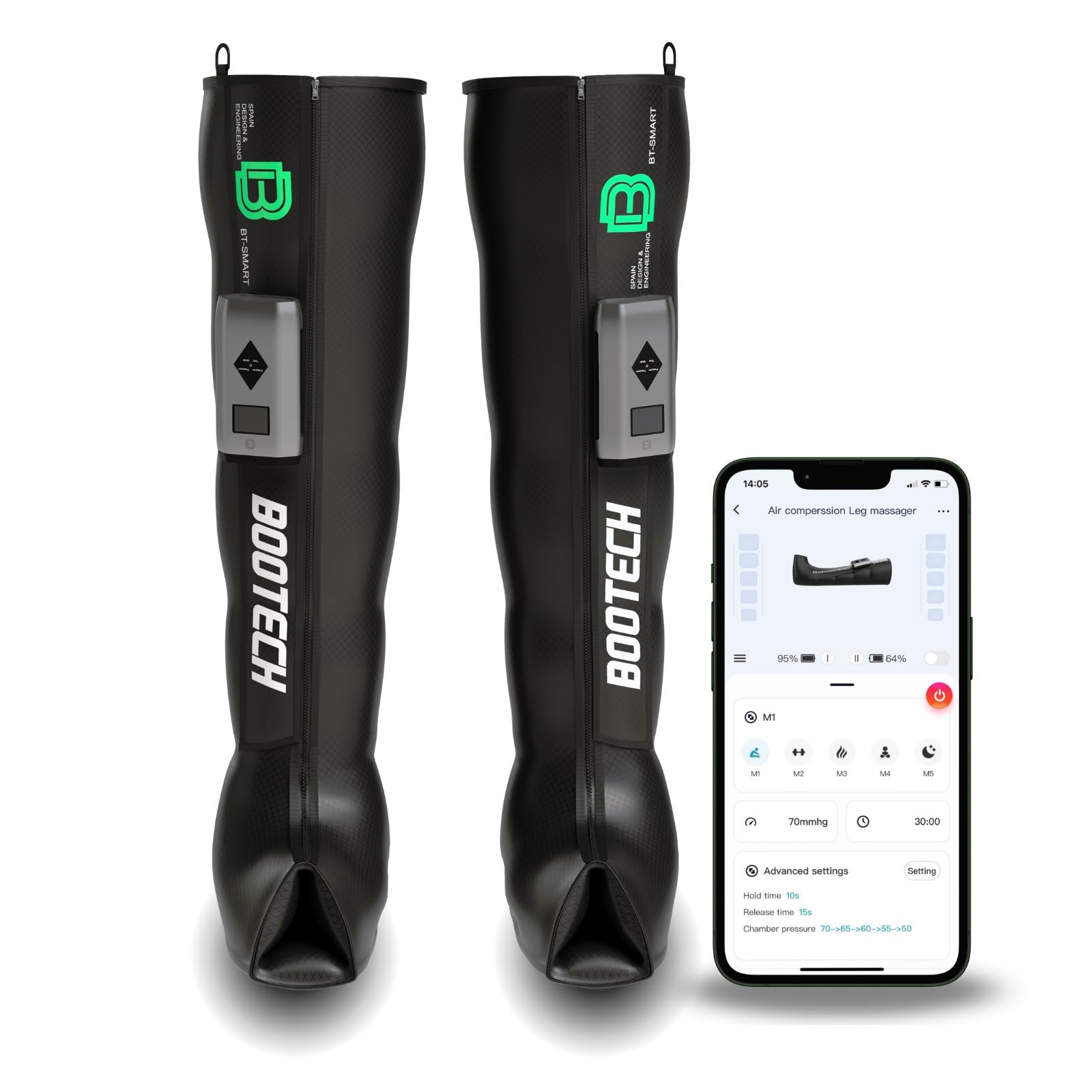 BOOTECH Pressoterapia Wireless per Casa, Massaggiatore Gambe Stanche, Recovery Boots Migliora Circolazione, Recupero Muscolare, Drenaggio Linfatico, Anticellulite, Batteria 3H Controllo App (L)