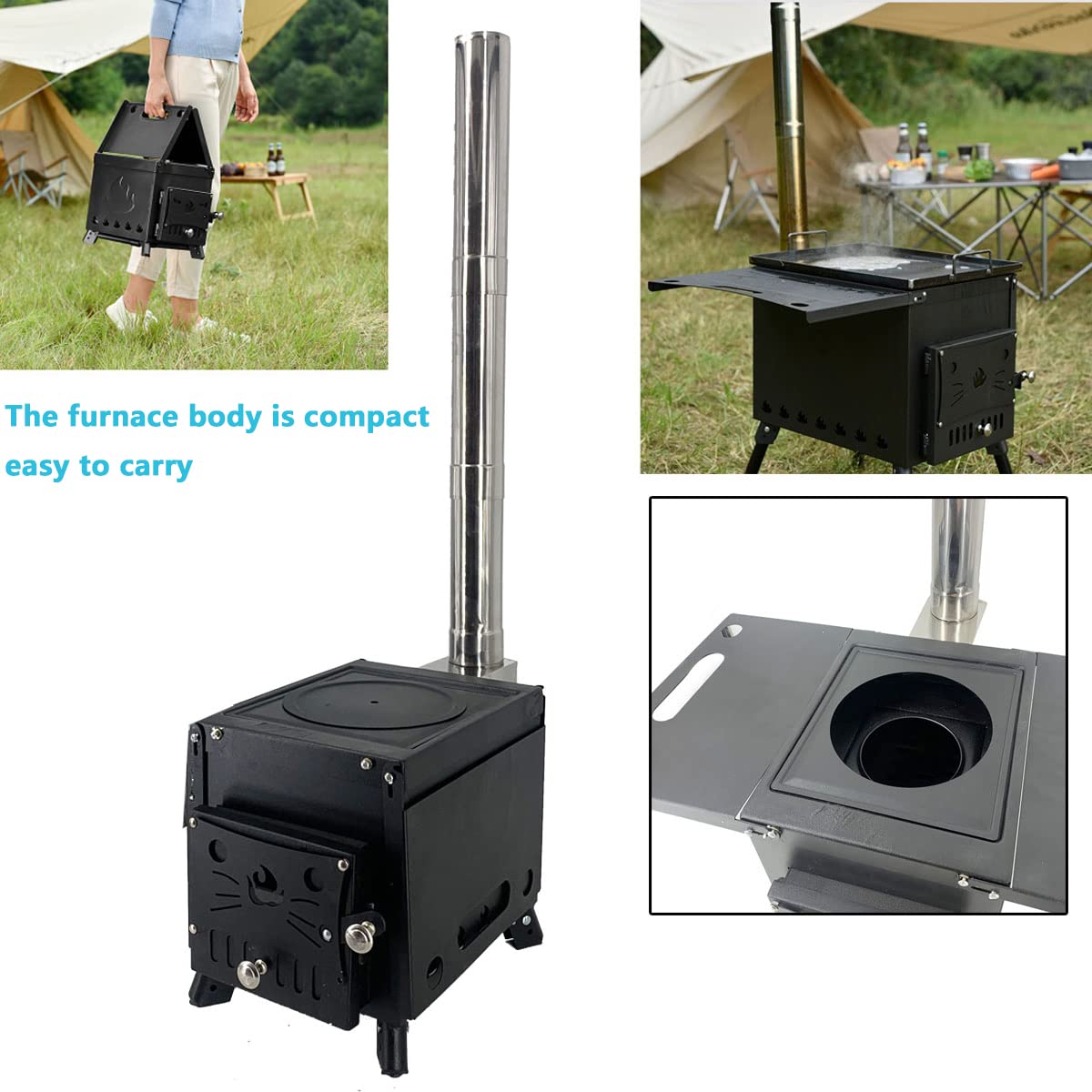 Poêle à Bois Pliable Portable Pour Camping - Avec Tuyau Et Fenêtre Visible, Chauffage Tente Et Cuisine (20x30x20 Cm)