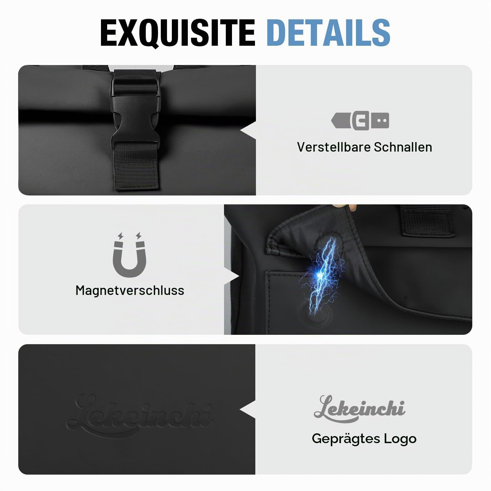 Lekeinchi Rolltop Rucksack Damen & Herren, Elegant Laptop Rucksack Wasserdicht mit 17 Zoll Laptopfach, Großer Reiserucksack Tagesrucksack Schulrucksack für Reisen, Uni Schule, Arbeit - Schwarz_XL