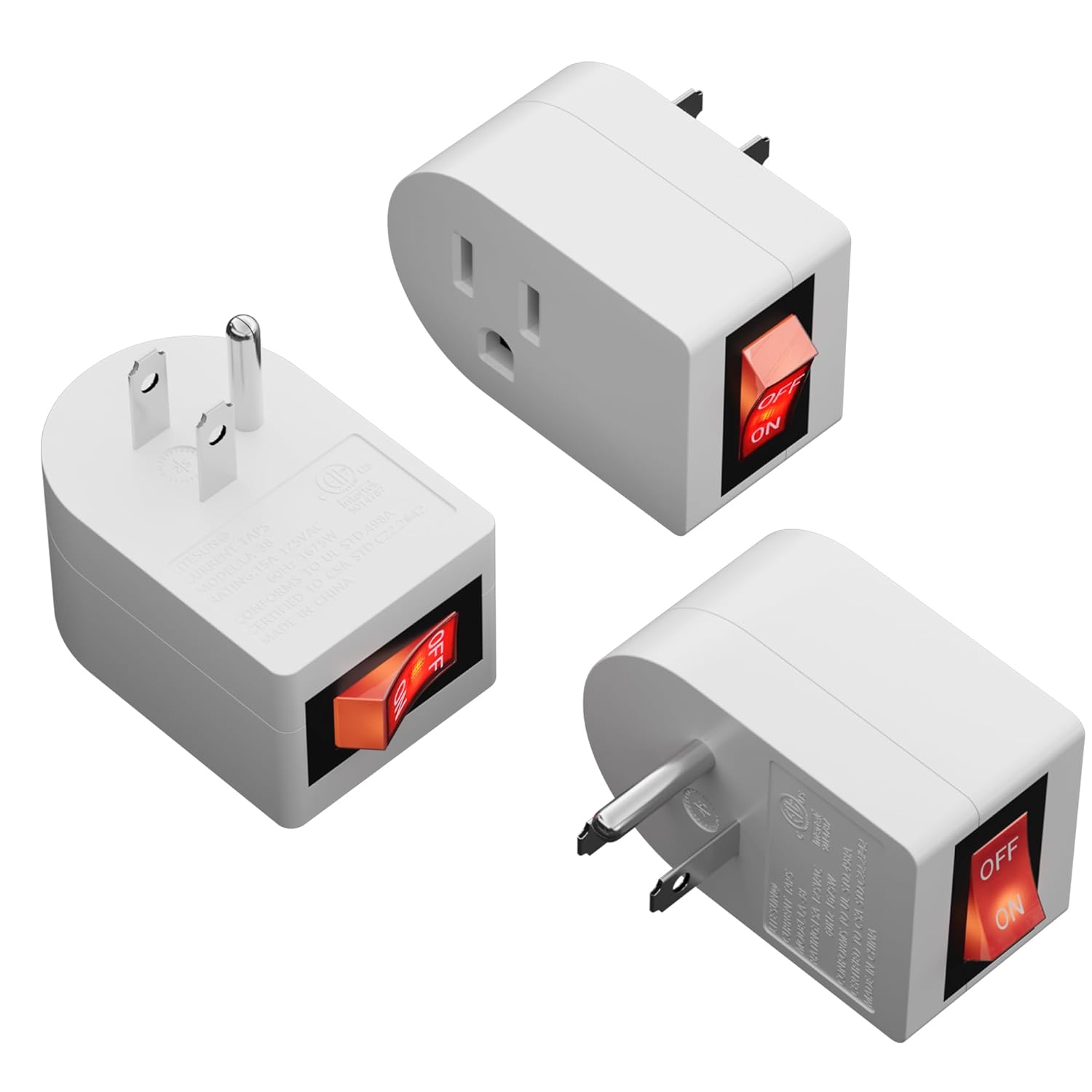 HiFind Grounded Outlet Extender with ON/Off Switch (2 Pack), 3 Prong Single Port Power Adapter, Energy & Space Saving Wall Tap Plug with Red Indicator for Light & Small Appliance, ETL, White
