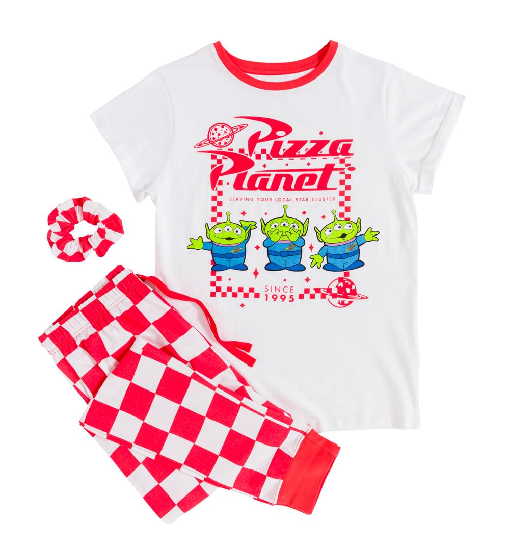 Womens Disney Pixar Toy Story Pizza Planet Aliens Pyjamas with Scrunchie Off-White