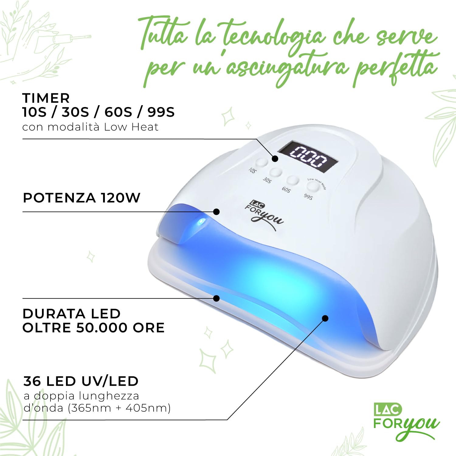 LAC FOR YOU Lampada UV Led Unghie 36 LED 365 + 405 nm – Fornetto Unghie con 4 Timer 10/30/60/99 s Low-Heat, Display LCD, Base Rimovibile – Asciuga Gel & Semipermanente