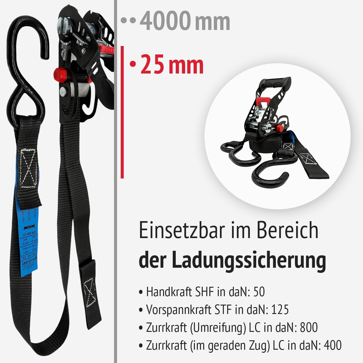 Spanngurt 25 mm, Länge 4,0 m in schwarz, flexibel einstellbares Festende mit S-Haken zur Ladungssicherung in Pkw, Anhänger und Kleintransporter (4)