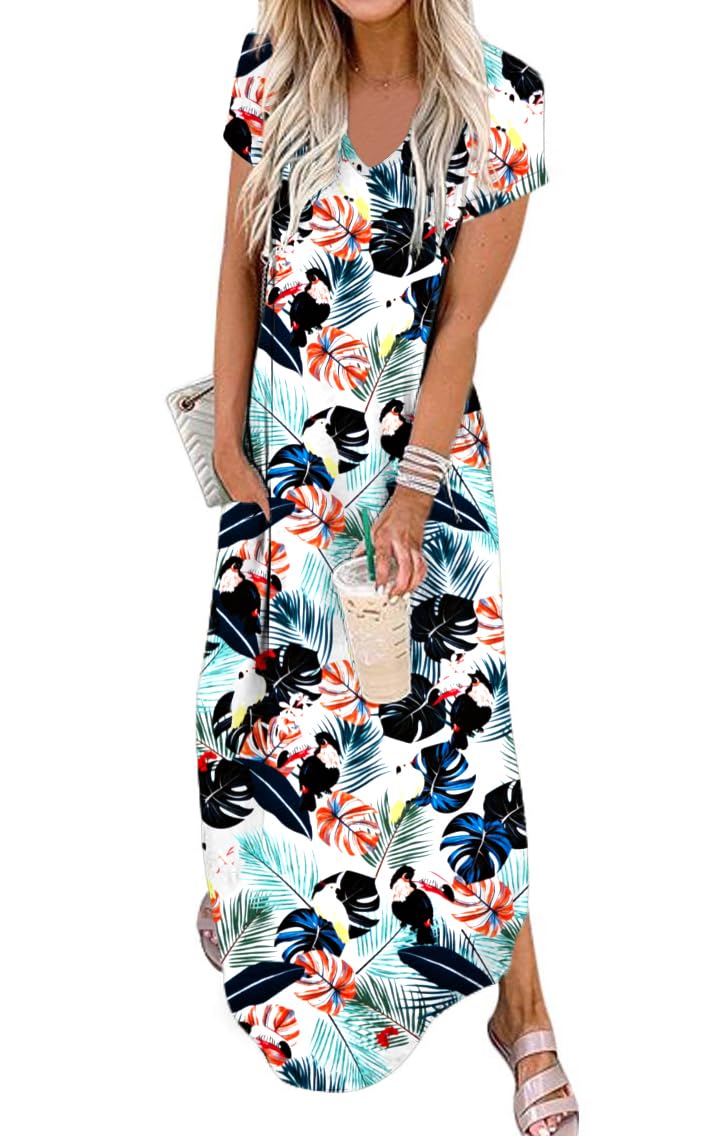Jeqeocafy Women Summer Long Sundress Crewneck Short Sleeve Maxi Dress 2026 Casual Loose Beach Dress with Pockets