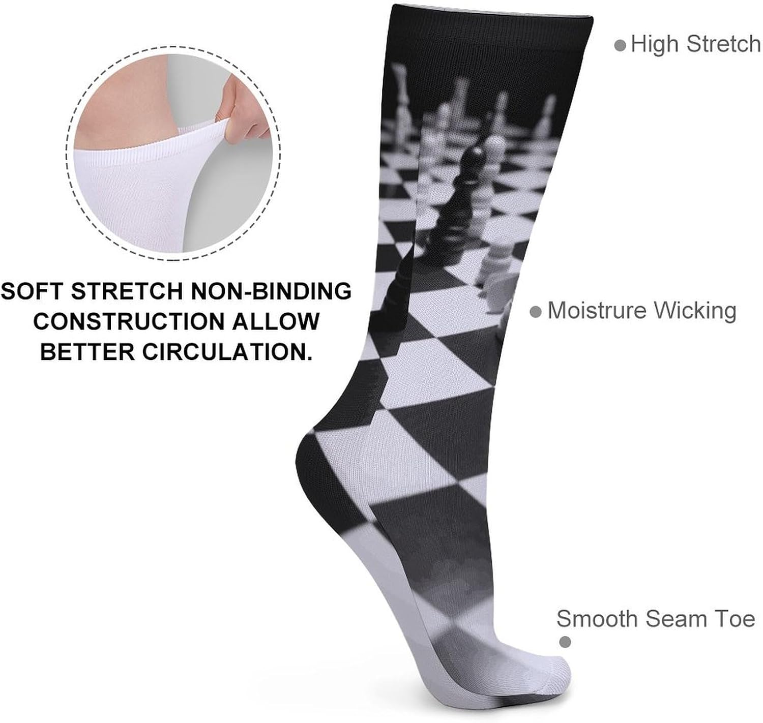 Black White Chess Checkerboard Crew Socks Soft Thermal Socks | Socks for Men Women-Casual Wicking,High Stocking for Sports Running-Long Thin Tube Sports Breathable