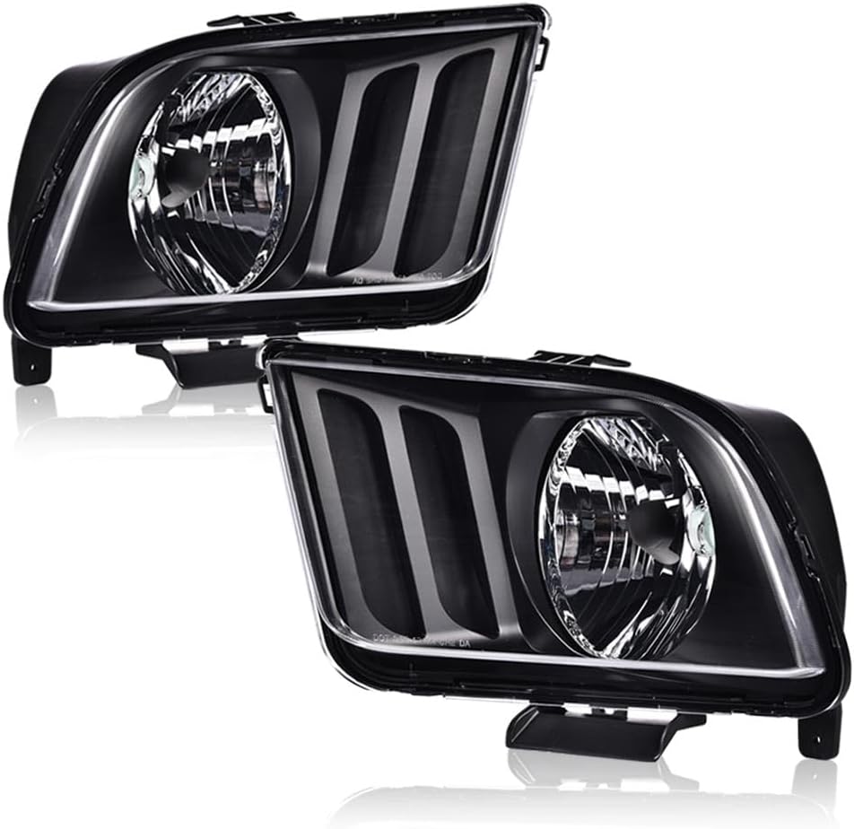 G-PLUS Headlights Assembly Pair,Fit For 2005 2006 2007 2008 2009 Ford Mustang Headlamps(Does NOT Fit Shelby GT500 Models),Replacement 4R3Z13008AA 4R3Z13008AB Clear lens Black Housing Amber Reflector