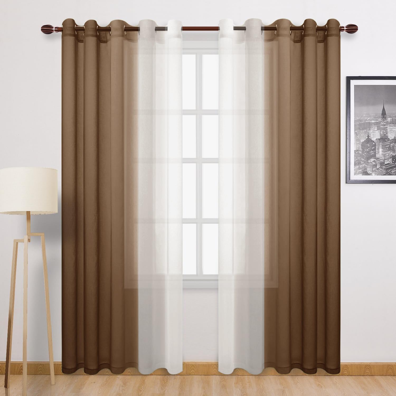 DWCN Ombre Sheer Curtains - 84 inches Faux Linen Semi Voile Gradient Light-Filtering Bedroom and Living Room Curtains, Set of 2 Grommet Top Window Drape Panels, 60 x 84 Inch Length, Warm Brown