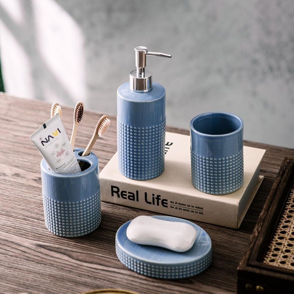 Blue Ceramic Bathroom Counter Top Accessory Set of 4, Modern Dispenser for Liquid Soap or Lotion, Soap Dish, Toothbrush Holder and Tumbler, Relief Dots Pattern