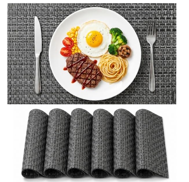 Dribble Premium Anti UV-Mesh Woven PVC Table Placemats Set of 6 – Non-Slip, Heat Resistant, Washable Dining Table Mats for Kitchen, Dining & Office – 45cm X 30cm Durable Textured Design (Grey)