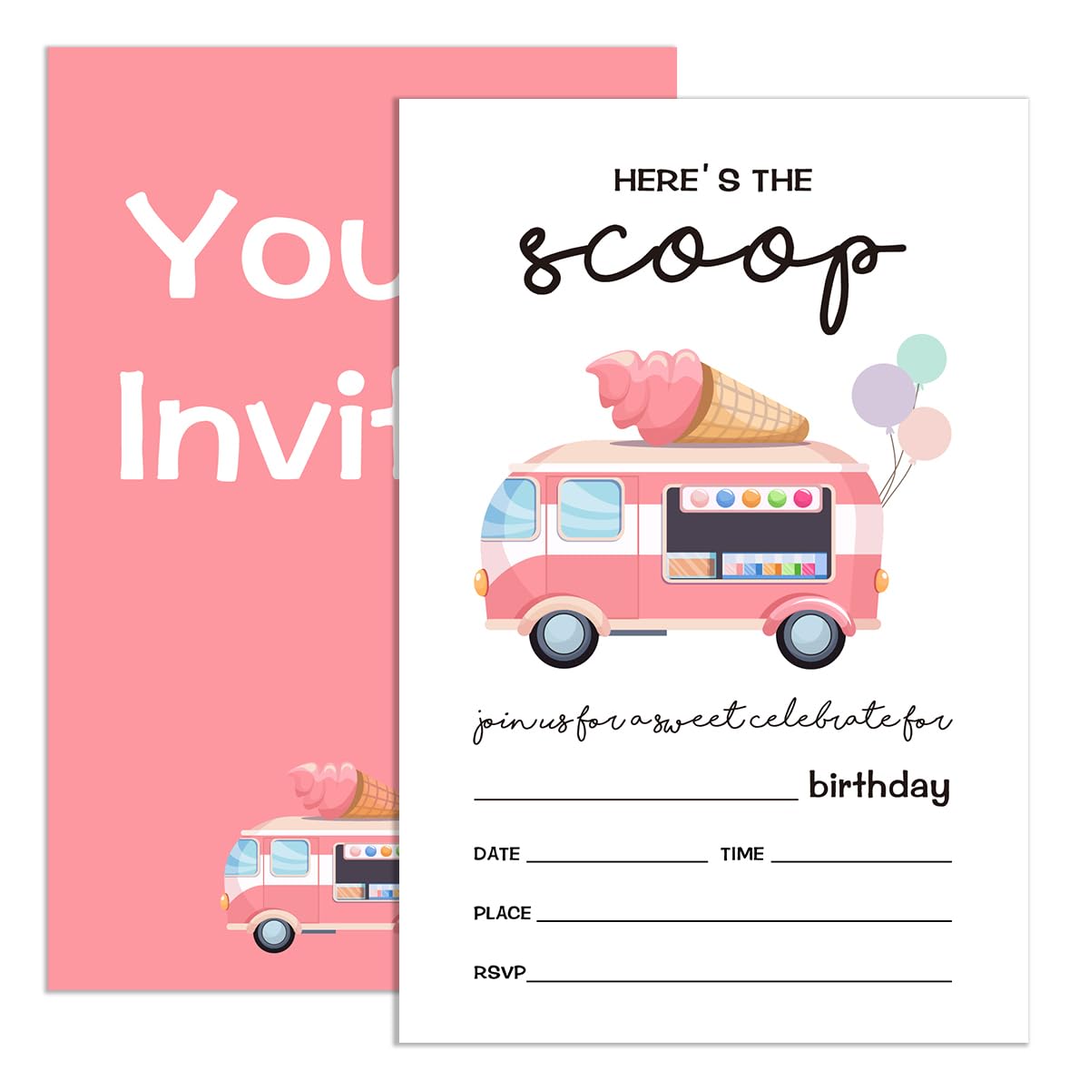 UDNADKEX Ice Cream Birthday Invitations for Girl with Envelopes, Invites for Birthday Party Ice Cream Truck Summer, Ice Cream Shoppe Van Birthday Invite Cards, Here's The Scoop, 4"x6" Set of 20