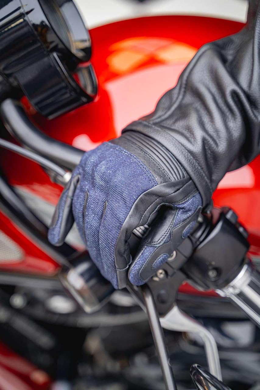 Vance Leather USA Denim & Leather Motorcycle Gloves (Black) with Mobile Phone Touchscreen (3XL, Black)